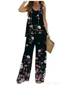 Women Print Suit Pullover Sleeveless Round Neck Top Wide Leg Pants Set Two Piece Set New Loose Casual Women's Clothing Summer