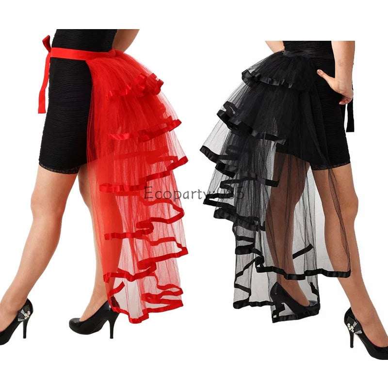 Women Punk Puffy Ruffle Tutu Bustle Skirts Sexy Steampunk Cocktail Party Tie-on Overskirt Gothic Tulle Skirt for Female