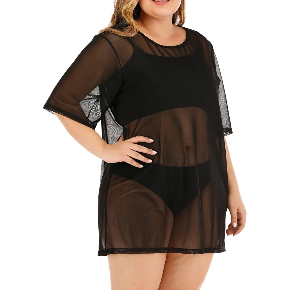 Women Sexy Sheer Cover-up Dress Plus Size See-through Gauze Slim Beach Skirt Bikini Swimwear Breathable Rash Guard Beachwear