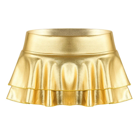 Women Shiny Metallic Low Rise Ruffled Pole Dance Shorts Skirt Leather Club Party Dancing Festival Rave Costume Sexy Mini Skirts