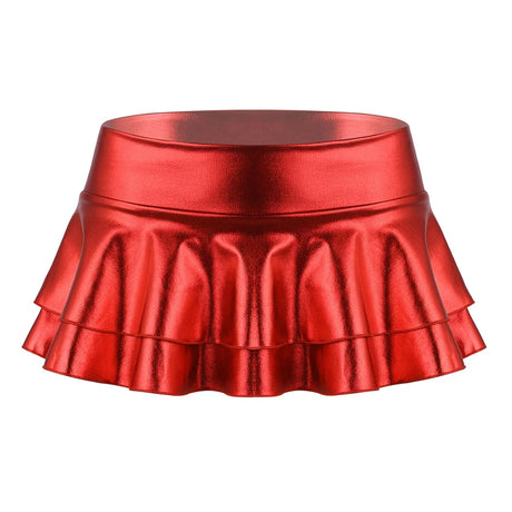 Women Shiny Metallic Low Rise Ruffled Pole Dance Shorts Skirt Leather Club Party Dancing Festival Rave Costume Sexy Mini Skirts