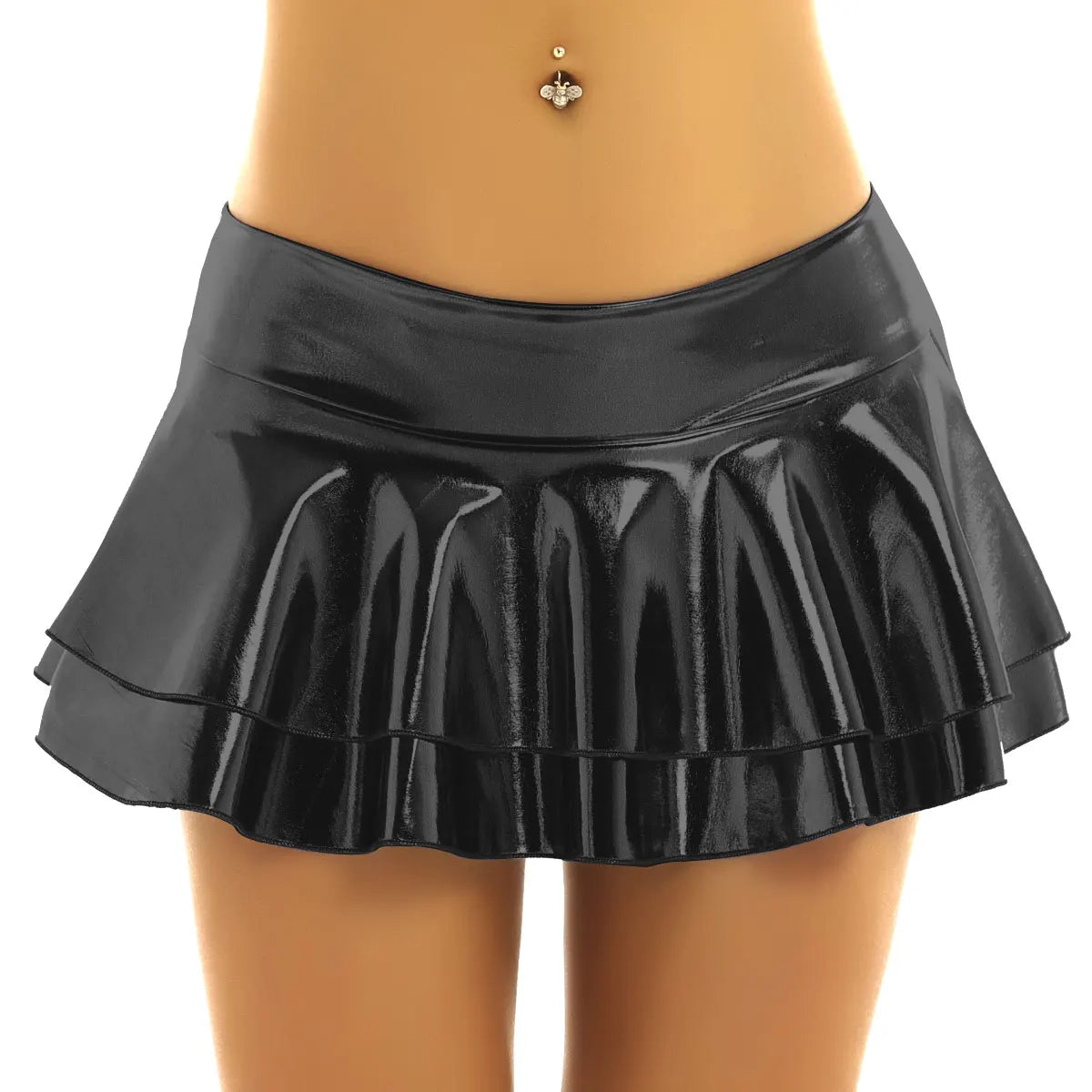 Women Shiny Metallic Low Rise Ruffled Pole Dance Shorts Skirt Leather Club Party Dancing Festival Rave Costume Sexy Mini Skirts