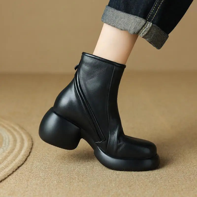 Women Short Boots 2024 Winter New Genuine Leather Thick Sole British Style Comfortable Fashion Boots Street Walking Casual Shoes