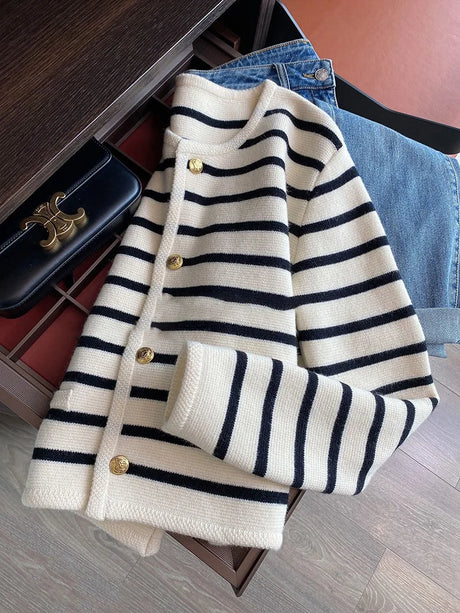 Women Spring Autumn Sweaters O-neck Stripe Knitted Cardigan Fashion Long Sleeve Casual Short Tops Korean Style New