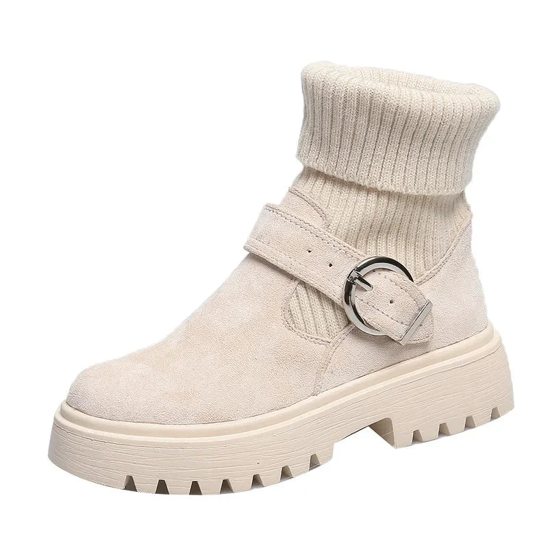 Women Warm Snow Boots Suede Knitting Stretch Ladies Cotton Shoes Winter New Belt Buckle Ankle Boots Casual Women's Ankle Boots