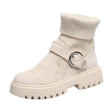 Women Warm Snow Boots Suede Knitting Stretch Ladies Cotton Shoes Winter New Belt Buckle Ankle Boots Casual Women's Ankle Boots