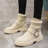 Women Warm Snow Boots Suede Knitting Stretch Ladies Cotton Shoes Winter New Belt Buckle Ankle Boots Casual Women's Ankle Boots