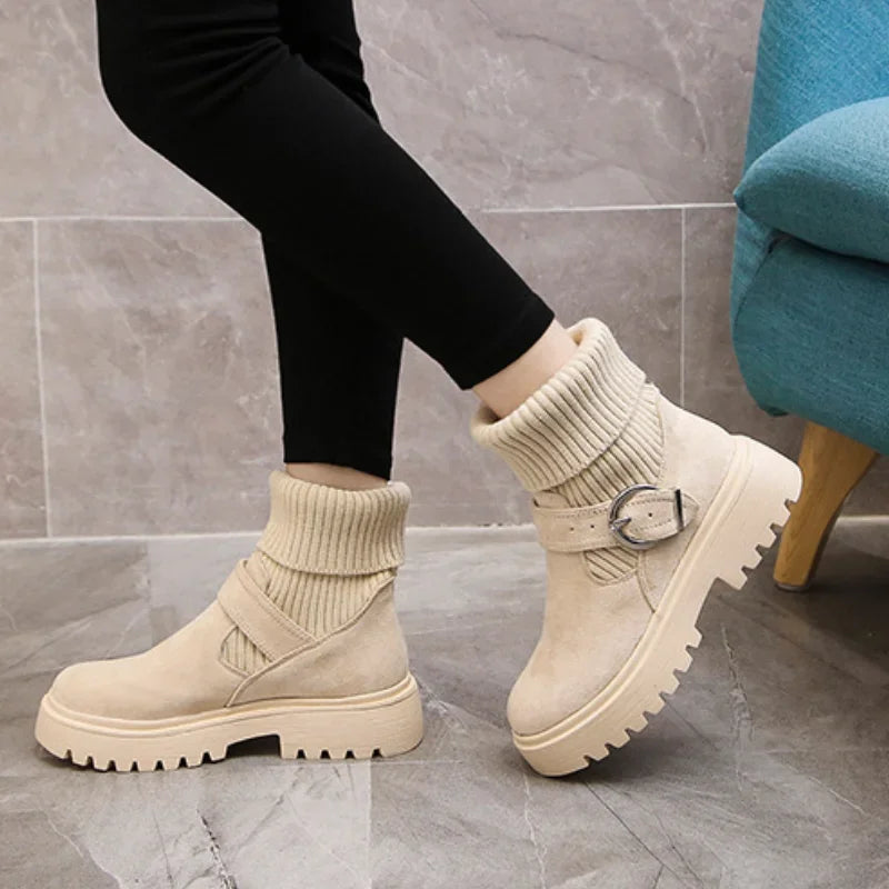 Women Warm Snow Boots Suede Knitting Stretch Ladies Cotton Shoes Winter New Belt Buckle Ankle Boots Casual Women's Ankle Boots