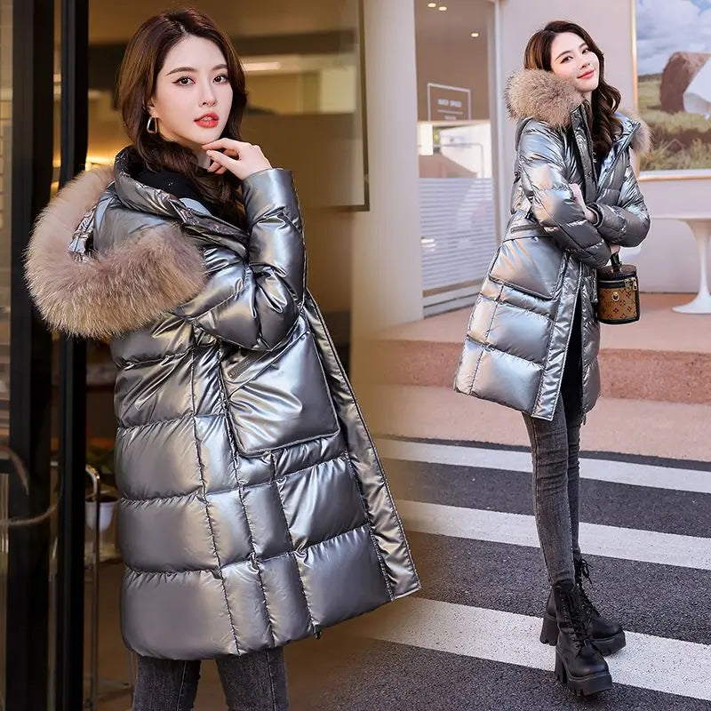 Women X-long Oversize Blue Down Jackets Thick Casual with Fur Epaulet 2024 Winter Female Down Coats Hooded Solid Piumini Donna