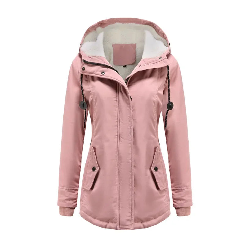 Women's Autumn Winter Coat Warm Solid Plush Thickened Long Jacket Outdoor Hiking Hooded Casual Windproof Parka Coat Overcoat