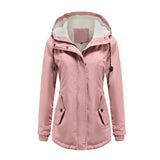 Women's Autumn Winter Coat Warm Solid Plush Thickened Long Jacket Outdoor Hiking Hooded Casual Windproof Parka Coat Overcoat