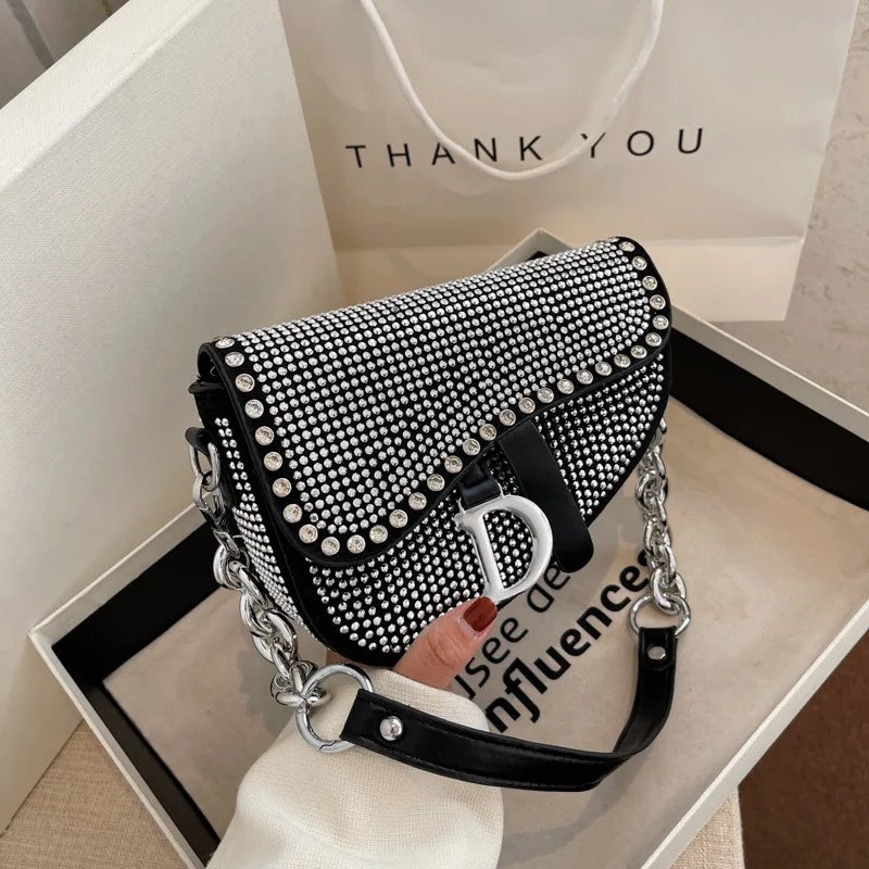 Women's Bag 2024 Trend High-Grade Thick Chain Bright Diamond Luxury Designer Crossbody Bags Free Shipping Fashion Saddle Bag