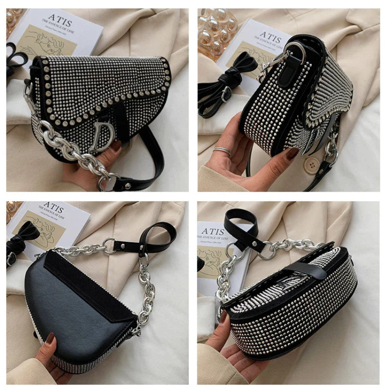 Women's Bag 2024 Trend High-Grade Thick Chain Bright Diamond Luxury Designer Crossbody Bags Free Shipping Fashion Saddle Bag