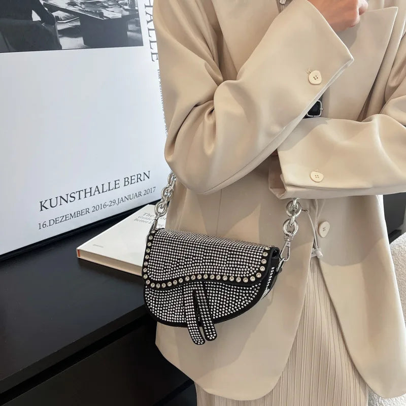 Women's Bag 2024 Trend High-Grade Thick Chain Bright Diamond Luxury Designer Crossbody Bags Free Shipping Fashion Saddle Bag