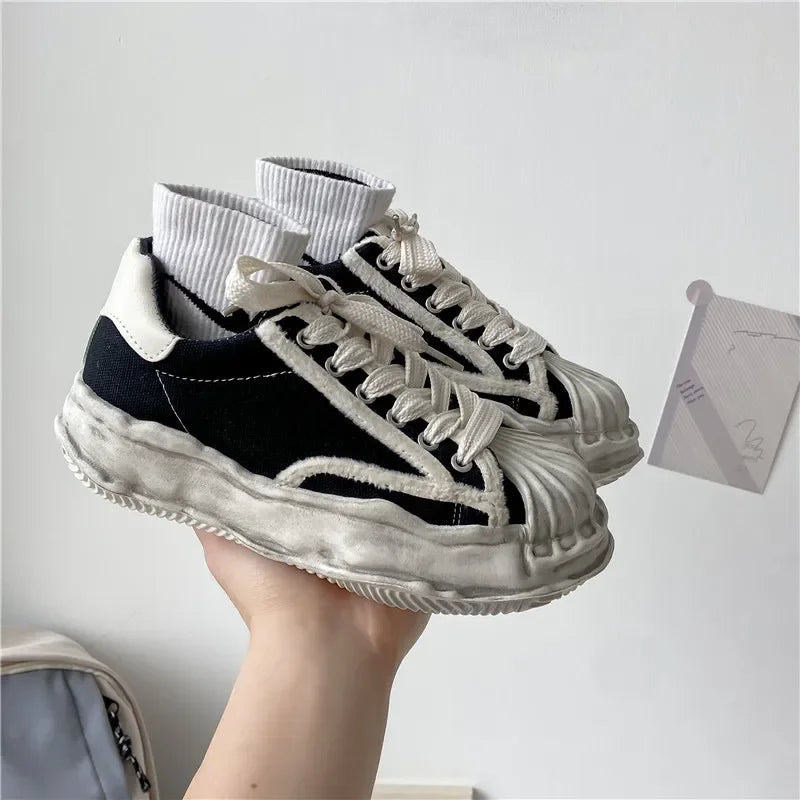 Women's Canvas Sneakers Dirty Shoes New Student Canvas Thick Dissolving Heels White Shoes Lace Up Sports Shoes for Women