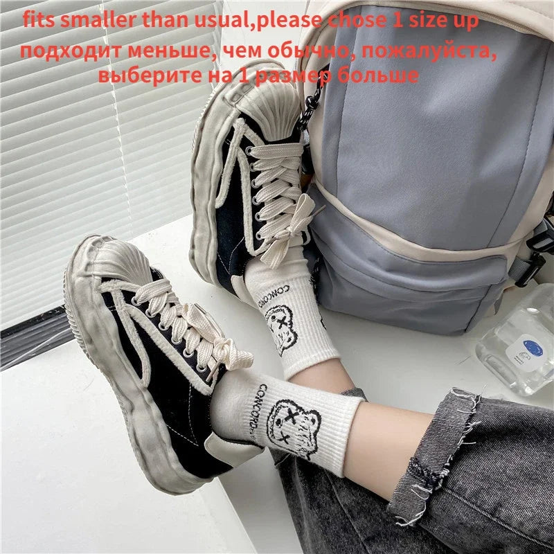 Women's Canvas Sneakers Dirty Shoes New Student Canvas Thick Dissolving Heels White Shoes Lace Up Sports Shoes for Women