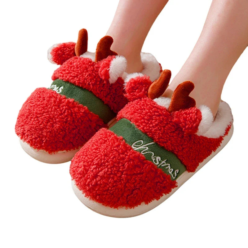 Women s Christmas Fuzzy Slippers Soft Comfy Antler Bedroom Slippers Non Slip Warm House Shoes for Christmas