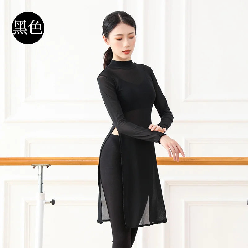 Women's Classic Dance Body Rhyme Dance Training Service Training Body Mesh Dress Long Sleeve Yoga Classic Elastic Mesh Dress