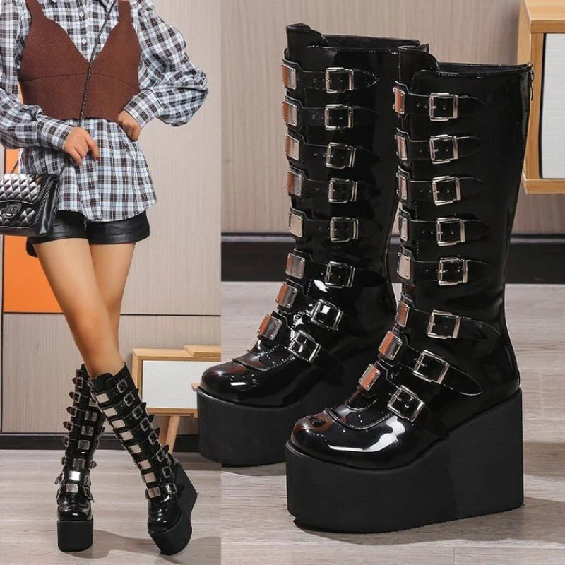 Women's Cosplay High Boots Winter Long Tube Leather Knight Boot Punk Gothic Classic Black High Heel Shoes Knee-High