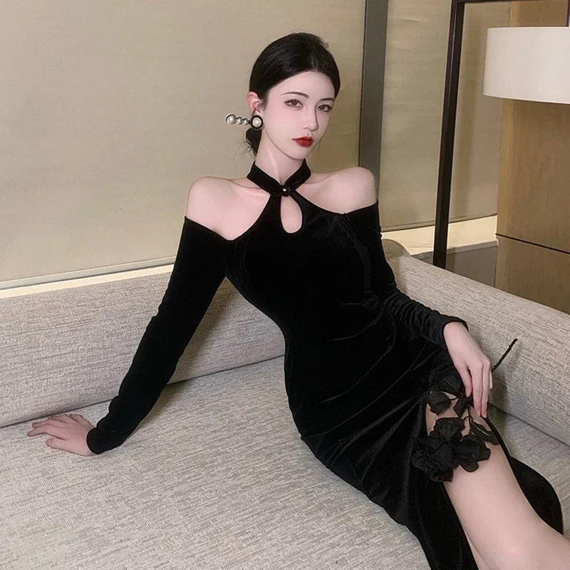 Women's Dress Off Shoulder Slim Sexy Split Cheongsam Dress