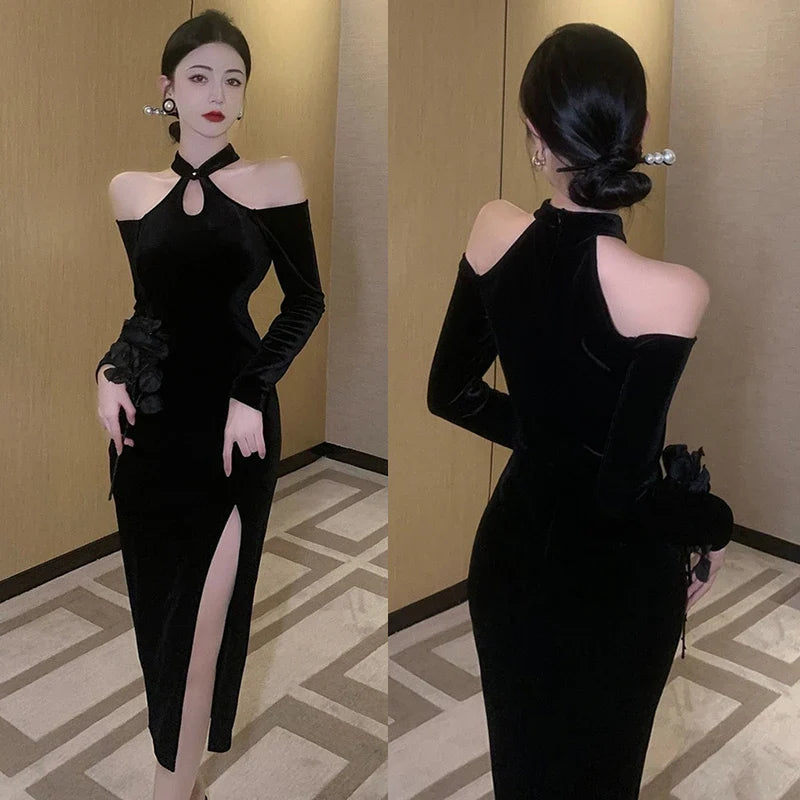 Women's Dress Off Shoulder Slim Sexy Split Cheongsam Dress