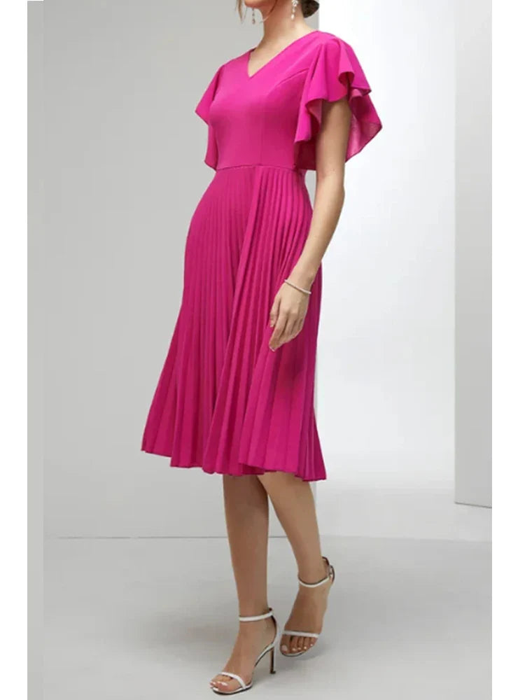 Women's Elegant Pleated A-Line Dress V-neck Ruffle Sleeve Casual Plus Size Summer Party Club Wedding Guest Cocktail Midi Dresses