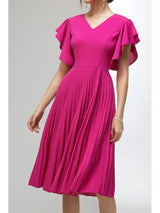 Women's Elegant Pleated A-Line Dress V-neck Ruffle Sleeve Casual Plus Size Summer Party Club Wedding Guest Cocktail Midi Dresses