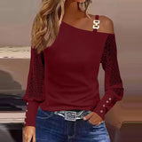 Women's Fashion Lace Knitted Long Sleeve Tunic T-Shirt Tops Button Blouse Cold Shoulder Shirt Plus Size For Elegant Female L-3XL