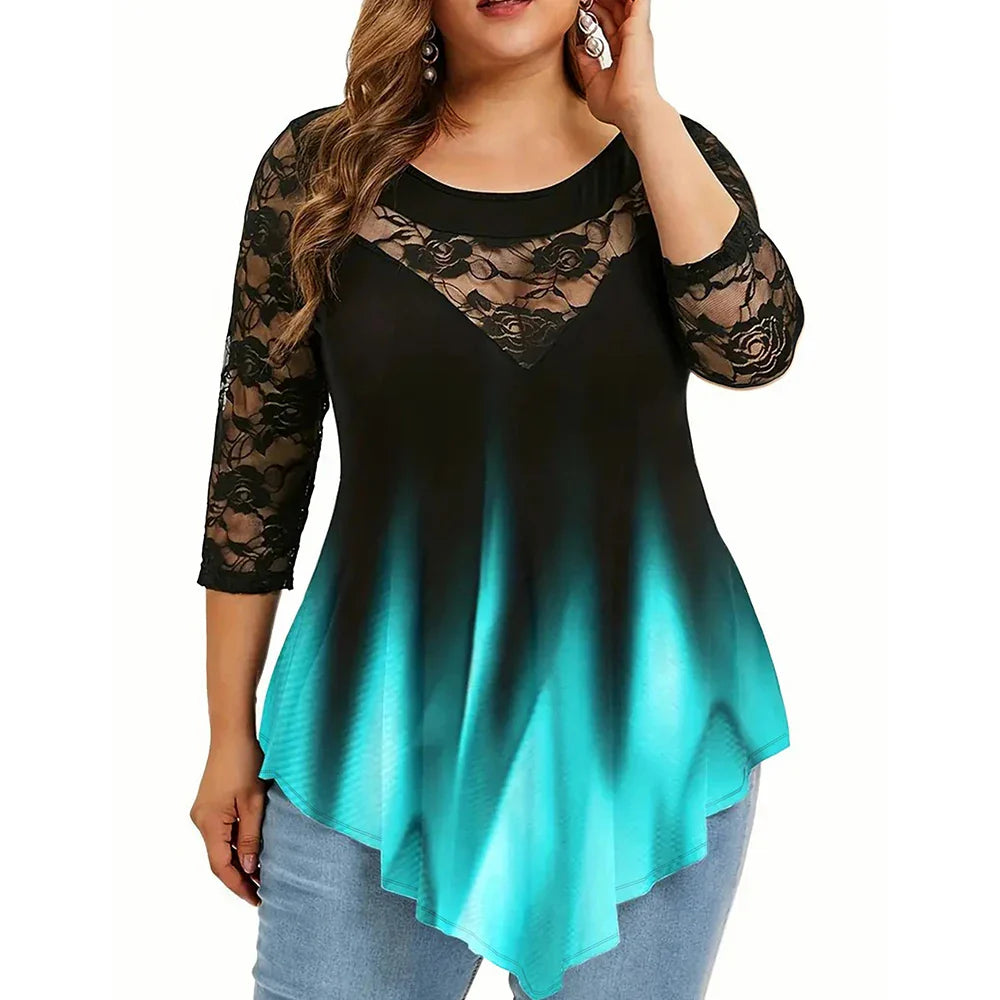 Women's Lace 3/4 Sleeve Tunic Tops Ladies Gradient T-Shirt Blouse High Quality Clothing Plus Size 2023