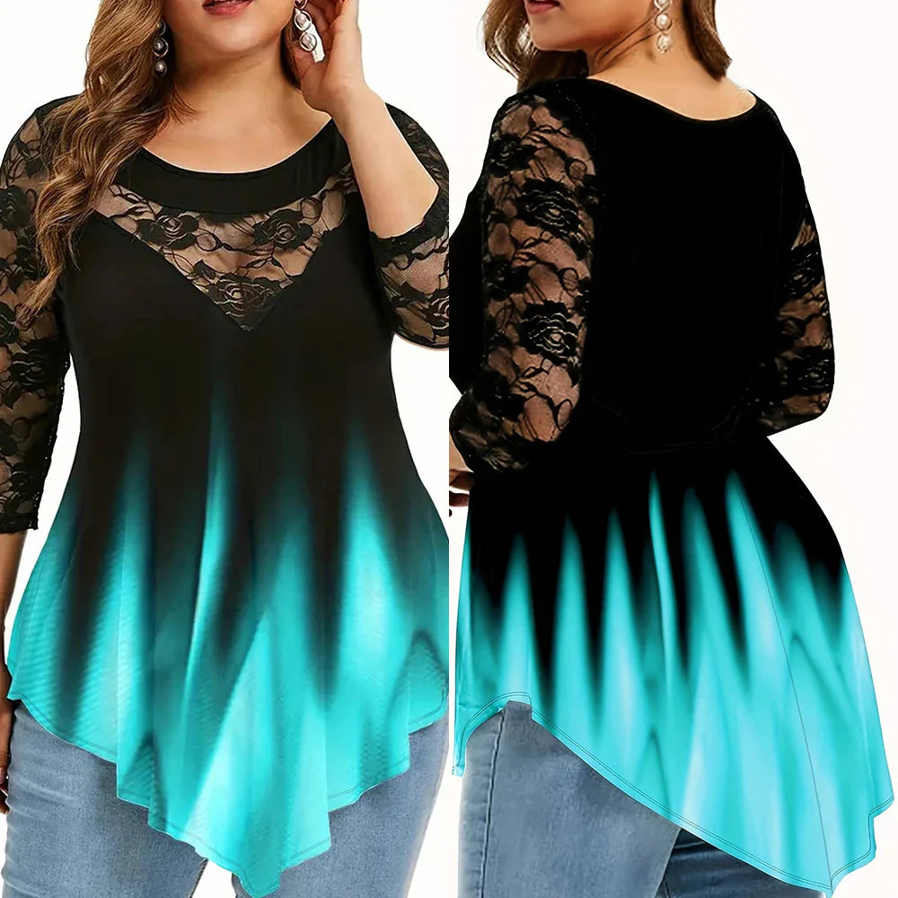 Women's Lace 3/4 Sleeve Tunic Tops Ladies Gradient T-Shirt Blouse High Quality Clothing Plus Size 2023