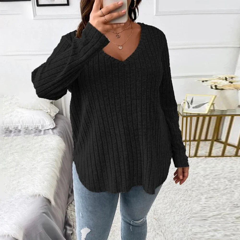 Women's Long Sleeve V Neck Solid Knit Pullover Tops Ladies Casual Loose Blouse Plus Size Clothing 2023 XL-5XL