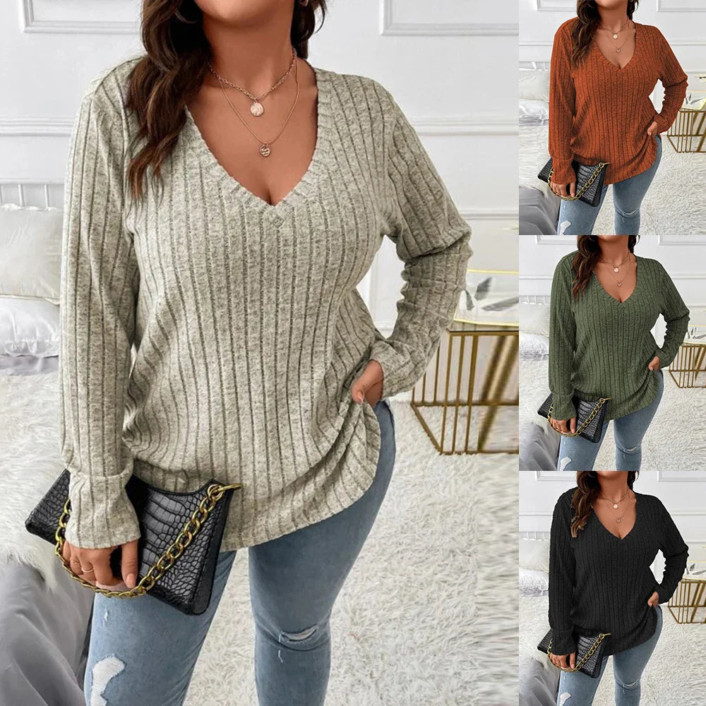 Women's Long Sleeve V Neck Solid Knit Pullover Tops Ladies Casual Loose Blouse Plus Size Clothing 2023 XL-5XL