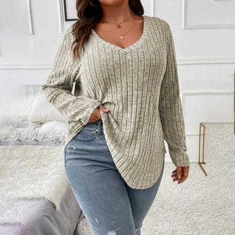 Women's Long Sleeve V Neck Solid Knit Pullover Tops Ladies Casual Loose Blouse Plus Size Clothing 2023 XL-5XL