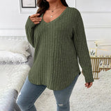 Women's Long Sleeve V Neck Solid Knit Pullover Tops Ladies Casual Loose Blouse Plus Size Clothing 2023 XL-5XL