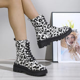 Women‘s Platform Ankle Boots Lace-up Warm Leopard Shoes 2023 New Winter Large Size Wear Resistant Outdoors Female Snow Boots