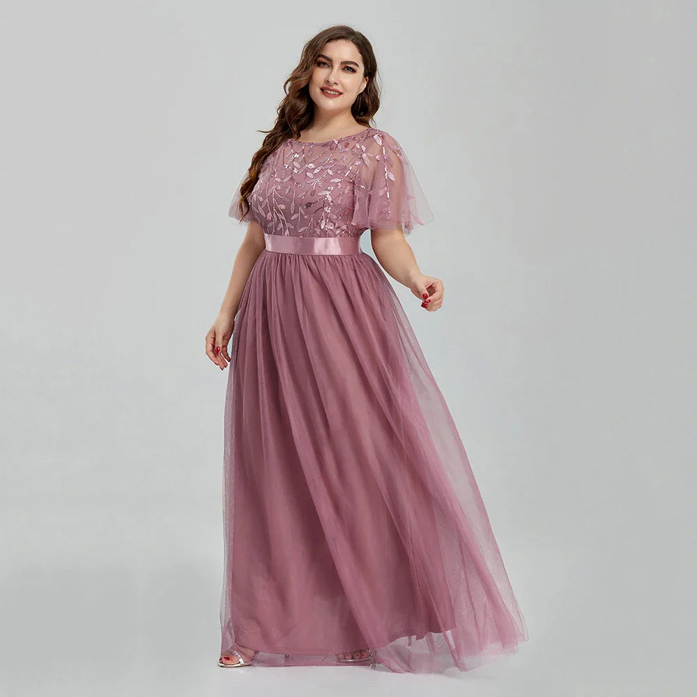 Women's Plus Size Mesh A-Line Sequin Embroidery Evening Dress Leaf  Maxi Prom Dress With Sleeves For Wedding Dress 2022