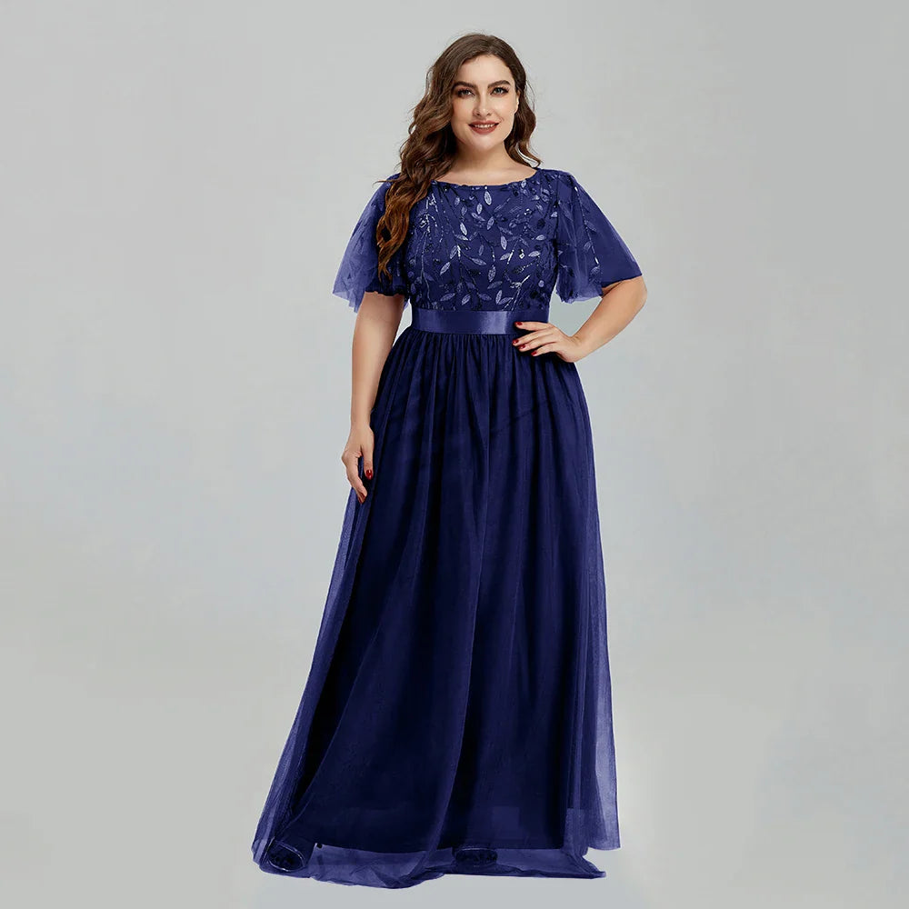 Women's Plus Size Mesh A-Line Sequin Embroidery Evening Dress Leaf  Maxi Prom Dress With Sleeves For Wedding Dress 2022