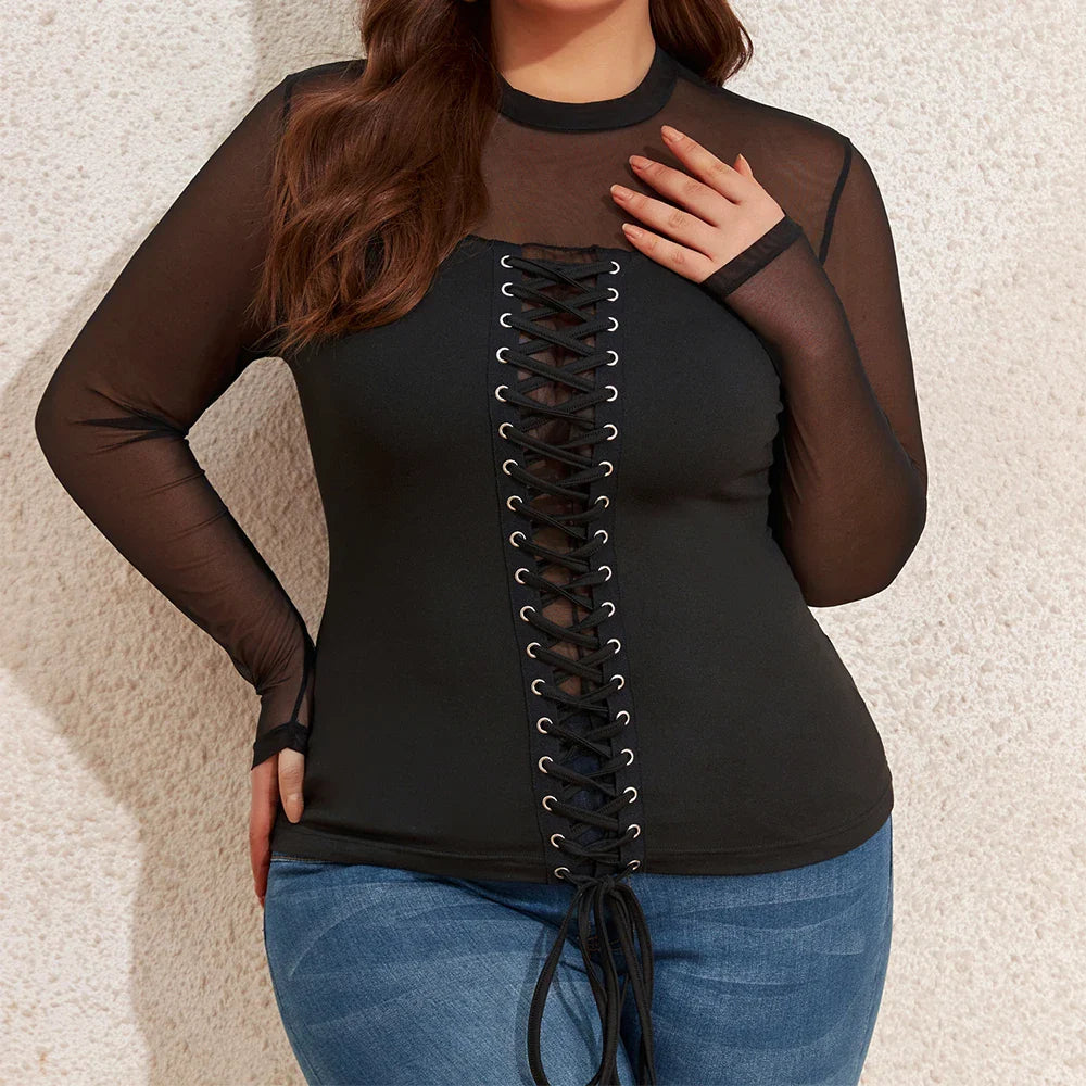 Women's Round Neck Autumn Pullover Solid Long Sleeve Sheer Mesh Blouse Tops Plus Size Clothing 2023