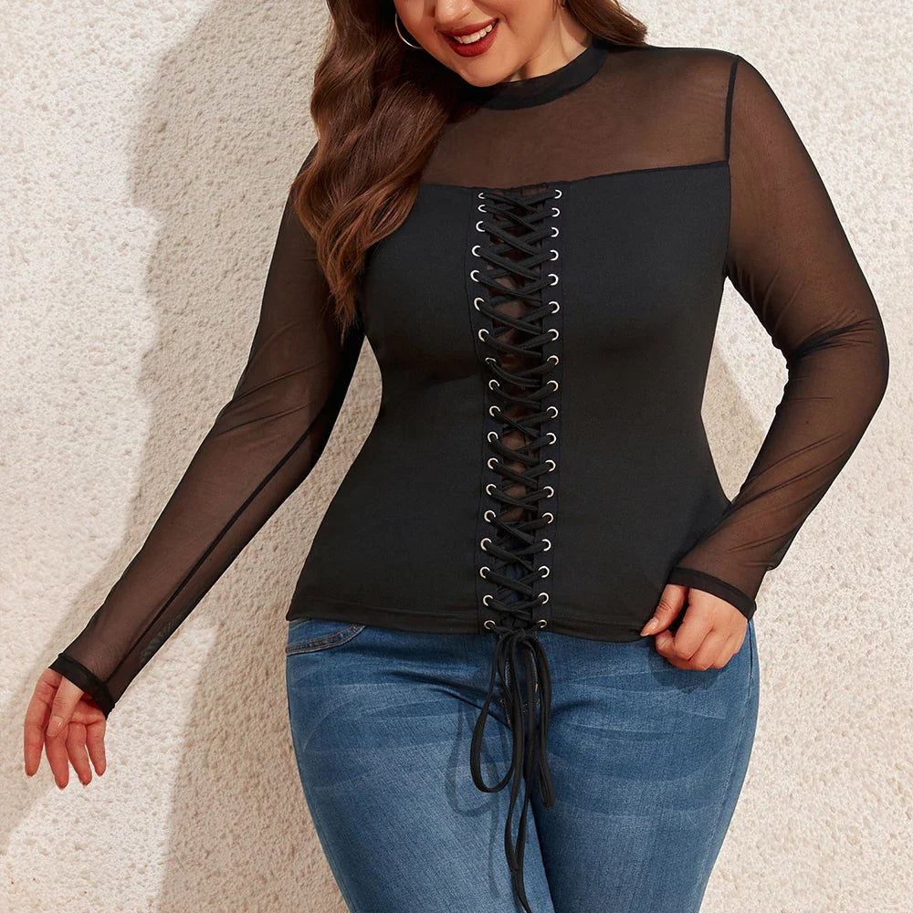 Women's Round Neck Autumn Pullover Solid Long Sleeve Sheer Mesh Blouse Tops Plus Size Clothing 2023