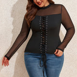 Women's Round Neck Autumn Pullover Solid Long Sleeve Sheer Mesh Blouse Tops Plus Size Clothing 2023