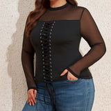 Women's Round Neck Autumn Pullover Solid Long Sleeve Sheer Mesh Blouse Tops Plus Size Clothing 2023