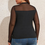 Women's Round Neck Autumn Pullover Solid Long Sleeve Sheer Mesh Blouse Tops Plus Size Clothing 2023