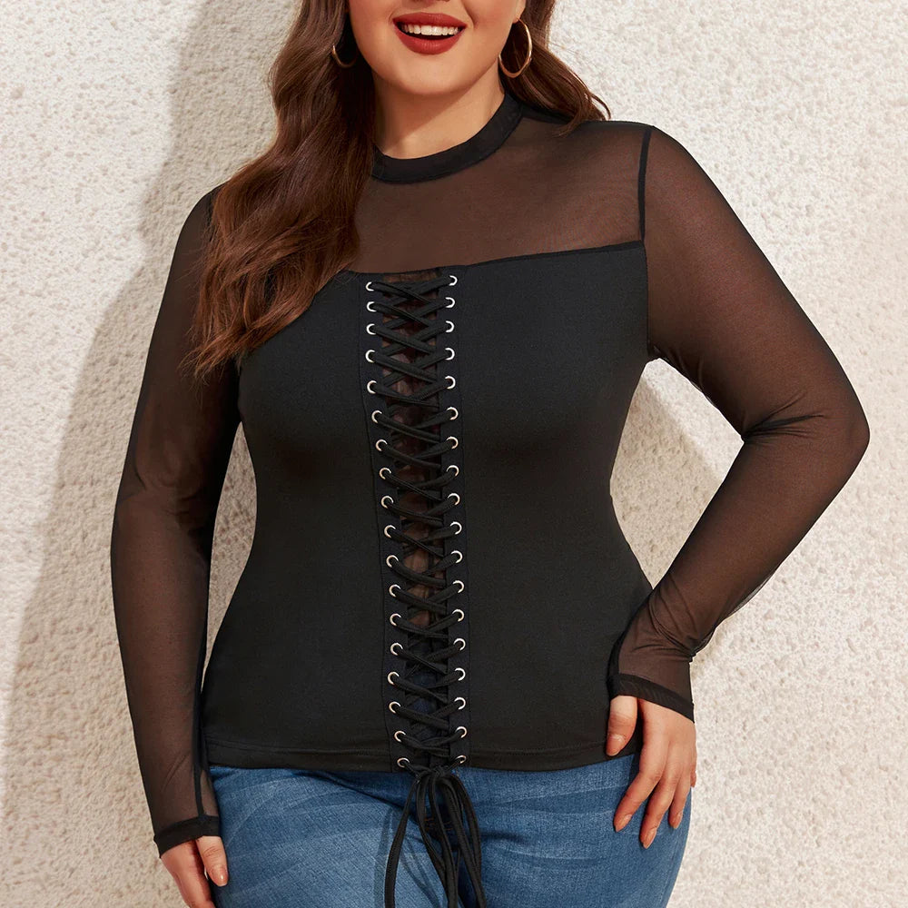 Women's Round Neck Autumn Pullover Solid Long Sleeve Sheer Mesh Blouse Tops Plus Size Clothing 2023