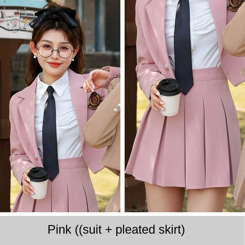 Women's Set 2023 New Short Suit+Pleated Mini Skirt Set Female Student School Uniform Female JK Uniform School Girl Piece Set