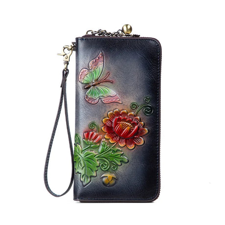 Women‘s Vintage Wallet Long Leather Money Clip Casual Top Layer Cowhide Handbag Mobile Case Women Money Bag Floral Pattern