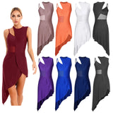 Womens Modern Lyrical Dance Dress Jazz Ballroom Dance Performance Costume Mesh Sheer Sleeveless Ballet Dance Leotard Dresses