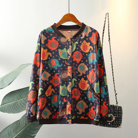 Womens Plus Size Jacket Spring Autumn Casual Clothing Senior Cotton Stretch Knitted Outwear Comfort Loose Printing Coat T84 2319