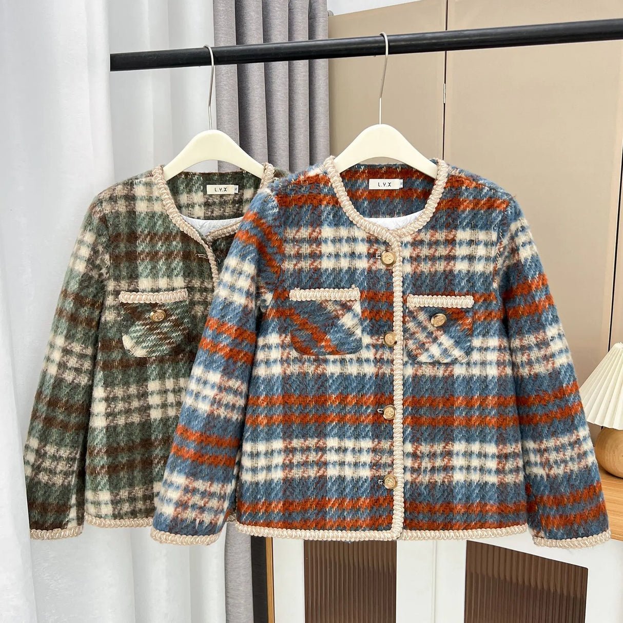 Womens Plus Size Woollen Jacket Autumn Casual Clothing Fashion Chic Plaid O-neck Outwear Curve Coats H5 8950