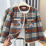 Womens Plus Size Woollen Jacket Autumn Casual Clothing Fashion Chic Plaid O-neck Outwear Curve Coats H5 8950