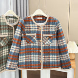 Womens Plus Size Woollen Jacket Autumn Casual Clothing Fashion Chic Plaid O-neck Outwear Curve Coats H5 8950